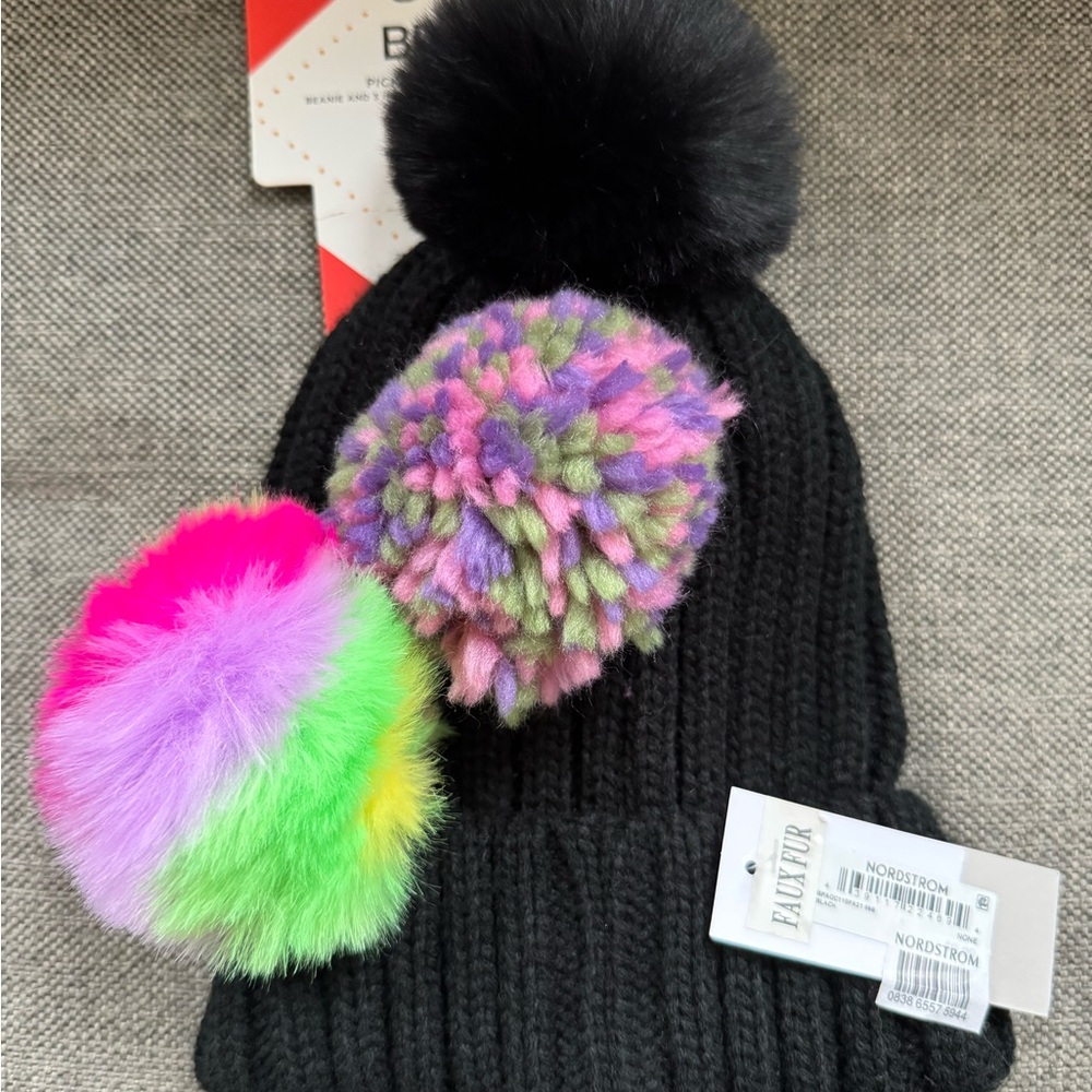 Nordstrom Black knit Pick A Pom Faux Fur Beanie